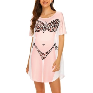 image:imageEkouaer Womens Bikini Shirt Cover Up Short Sleeve Cute Bikini Print CoverUp Baggy T Shirt Dress Fun WearAleopard Print