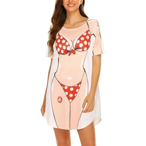 image:imageEkouaer Womens Bikini Shirt Cover Up Short Sleeve Cute Bikini Print CoverUp Baggy T Shirt Dress Fun WearAred