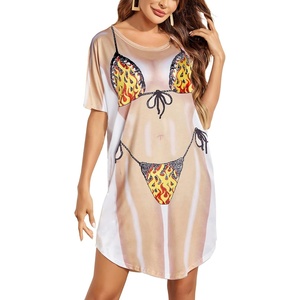 image:imageEkouaer Womens Bikini Shirt Cover Up Short Sleeve Cute Bikini Print CoverUp Baggy T Shirt Dress Fun WearFlame Print