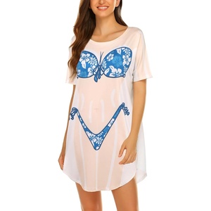 image:imageEkouaer Womens Bikini Shirt Cover Up Short Sleeve Cute Bikini Print CoverUp Baggy T Shirt Dress Fun WearFloral Tropical Blue