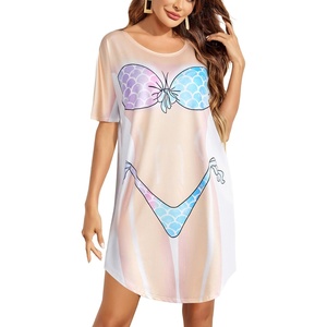 image:imageEkouaer Womens Bikini Shirt Cover Up Short Sleeve Cute Bikini Print CoverUp Baggy T Shirt Dress Fun WearMermaid Shiny