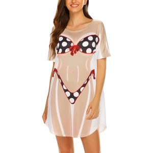 image:imageEkouaer Womens Bikini Shirt Cover Up Short Sleeve Cute Bikini Print CoverUp Baggy T Shirt Dress Fun WearPolka Dot