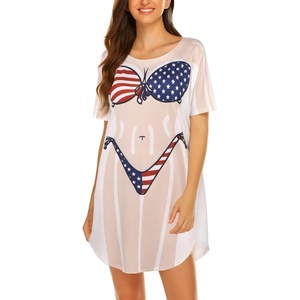 image:imageEkouaer Womens Bikini Shirt Cover Up Short Sleeve Cute Bikini Print CoverUp Baggy T Shirt Dress Fun WearUsa Flag 2