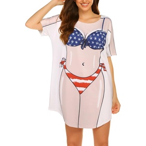 image:imageEkouaer Womens Bikini Shirt Cover Up Short Sleeve Cute Bikini Print CoverUp Baggy T Shirt Dress Fun WearUsa Flag 3
