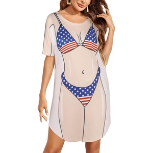 image:imageEkouaer Womens Bikini Shirt Cover Up Short Sleeve Cute Bikini Print CoverUp Baggy T Shirt Dress Fun WearUsa Flag