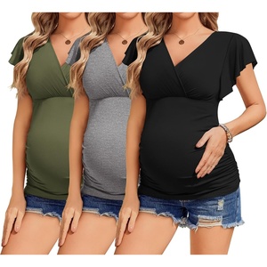 image:imageEkouaer Womens Maternity Shirts 3 Packs Nursing Tops Flying Short Sleeve Breastfeeding Tees Side Ruched Pregnancy ClothesArmy Green  Grey  Black3pcs