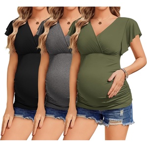 image:imageEkouaer Womens Maternity Shirts 3 Packs Nursing Tops Flying Short Sleeve Breastfeeding Tees Side Ruched Pregnancy ClothesBlack  Dark Grey  Army Green3pcs