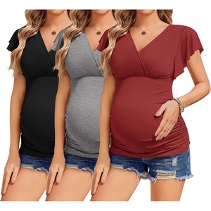 image:imageEkouaer Womens Maternity Shirts 3 Packs Nursing Tops Flying Short Sleeve Breastfeeding Tees Side Ruched Pregnancy ClothesBlack  Grey  Wine Red3pcs