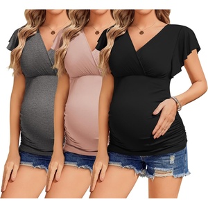 image:imageEkouaer Womens Maternity Shirts 3 Packs Nursing Tops Flying Short Sleeve Breastfeeding Tees Side Ruched Pregnancy ClothesDark Grey  Pink  Black 3pcs