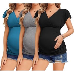image:imageEkouaer Womens Maternity Shirts 3 Packs Nursing Tops Flying Short Sleeve Breastfeeding Tees Side Ruched Pregnancy ClothesLake Blue  Grey  Black3pcs