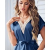 image:imageEkouaer Satin Nightgowns for Women Short Sleeve Nightshirt Silk Sleepwear Lace V Neck Pajama Dress SXXLNavy Blue