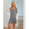 image:imageEkouaer Womens Button Down Nightgown Short Sleeve Sleepshirt V Neck Night Shirt Soft Pajamas Dress with PocketsGrey