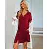 image:imageEkouaer Womens Button Down Nightgown Short Sleeve Sleepshirt V Neck Night Shirt Soft Pajamas Dress with PocketsWine Red