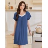 image:imageEkouaer Womens Nightgown Lace Trim V Neck Sleep Shirt Flare Short Sleeve Night Gown Pleated Nightshirt Ladies NightdressNavy Blue