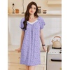 image:imageEkouaer Womens Nightgown Lace Trim V Neck Sleep Shirt Flare Short Sleeve Night Gown Pleated Nightshirt Ladies NightdressPurple Floral