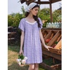 image:imageEkouaer Womens Nightgown Lace Trim V Neck Sleep Shirt Flare Short Sleeve Night Gown Pleated Nightshirt Ladies NightdressPurple Floral