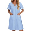 image:imageEkouaer Nightgowns for Women Cotton House Dress with Pockets Button Down Night Gown Short Sleeve Duster Housecoat S3XLLight Blue