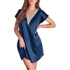 image:imageEkouaer Satin Nightgowns for Women Short Sleeve Nightshirt Silk Sleepwear Lace V Neck Pajama Dress SXXLNavy Blue