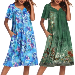 image:imageEkouaer 2 Pack House Dresses for Women with Pockets Short Sleeve Moo Moos Floral Print Mumu DressesBlue Floral Floral Green