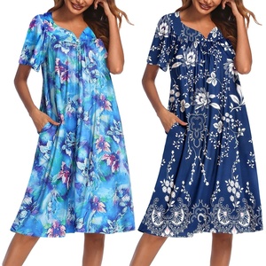 image:imageEkouaer 2 Pack House Dresses for Women with Pockets Short Sleeve Moo Moos Floral Print Mumu DressesBlue FloralEvening Blue Vines