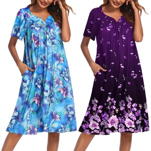 image:imageEkouaer 2 Pack House Dresses for Women with Pockets Short Sleeve Moo Moos Floral Print Mumu DressesBlue FloralPurple Black Floral