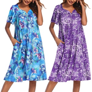 image:imageEkouaer 2 Pack House Dresses for Women with Pockets Short Sleeve Moo Moos Floral Print Mumu DressesBlue FloralPurple Floral