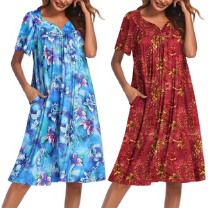 image:imageEkouaer 2 Pack House Dresses for Women with Pockets Short Sleeve Moo Moos Floral Print Mumu DressesBlue FloralRed Floral