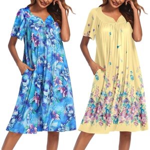 image:imageEkouaer 2 Pack House Dresses for Women with Pockets Short Sleeve Moo Moos Floral Print Mumu DressesBlue FloralYellow Butterfly