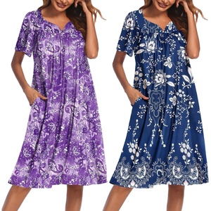 image:imageEkouaer 2 Pack House Dresses for Women with Pockets Short Sleeve Moo Moos Floral Print Mumu DressesPurple FloralEvening Blue Vines