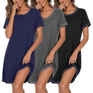 image:imageEkouaer Cotton Nightgowns for Women 3 Pack Night Gown Short Sleeve Sleepshirts V Neck Sleepwear Soft Tshirt Pajama DressBlackGreyNavy Blue