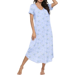 image:imageEkouaer Long Nightgowns for Women Bamboo Viscose Sleepshirt Short Sleeve Night Gown V Neck House DressFloral Blue