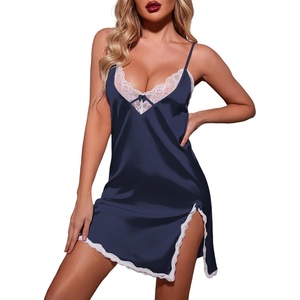 image:imageEkouaer Nightgown Satin Lingerie Sleeveless Sleep Dress Babydoll Nightie Slip ChemiseNavy Blue