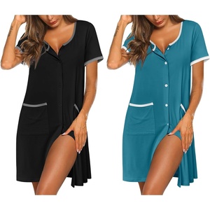 image:imageEkouaer Nightgowns for Women 2 Pack Button Down Sleep Shirts Short Sleeve Nightshirt Sleepwear House Dress with PocketsBlackBlue Green