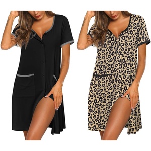 image:imageEkouaer Nightgowns for Women 2 Pack Button Down Sleep Shirts Short Sleeve Nightshirt Sleepwear House Dress with PocketsBlackBrown Leopard