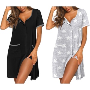 image:imageEkouaer Nightgowns for Women 2 Pack Button Down Sleep Shirts Short Sleeve Nightshirt Sleepwear House Dress with PocketsBlackGrey Stars