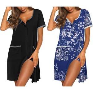 image:imageEkouaer Nightgowns for Women 2 Pack Button Down Sleep Shirts Short Sleeve Nightshirt Sleepwear House Dress with PocketsBlackNavy Vine