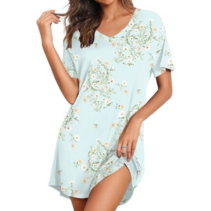 image:imageEkouaer Nightgowns for Women Bamboo Viscose Sleep Shirts Short Sleeve Night Shirts Casual Sleep Dress Soft SleepwearGreen Flowers