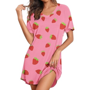 image:imageEkouaer Nightgowns for Women Bamboo Viscose Sleep Shirts Short Sleeve Night Shirts Casual Sleep Dress Soft SleepwearPink Strawberry