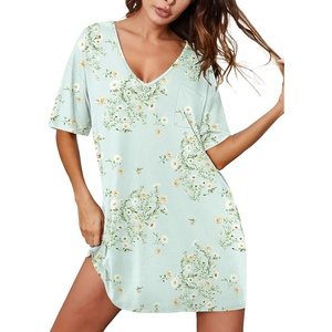 image:imageEkouaer Nightgowns for Women Bamboo Viscose Sleepshirt Short sleeve Nightshirt V Neck T shirt Night gown Boyfriend SleepwearFloral Green