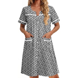 image:imageEkouaer Nightgowns for Women Cotton House Dress with Pockets Button Down Night Gown Short Sleeve Duster Housecoat S3XLBlack White Flowers