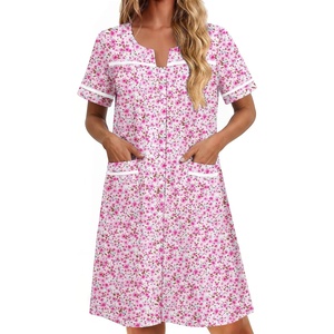 image:imageEkouaer Nightgowns for Women Cotton House Dress with Pockets Button Down Night Gown Short Sleeve Duster Housecoat S3XLFloral Pink