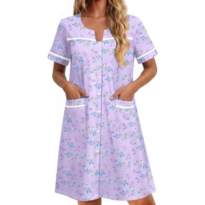 image:imageEkouaer Nightgowns for Women Cotton House Dress with Pockets Button Down Night Gown Short Sleeve Duster Housecoat S3XLPurple Florals