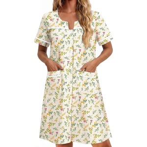 image:imageEkouaer Nightgowns for Women Cotton House Dress with Pockets Button Down Night Gown Short Sleeve Duster Housecoat S3XLYellow Green Leaf
