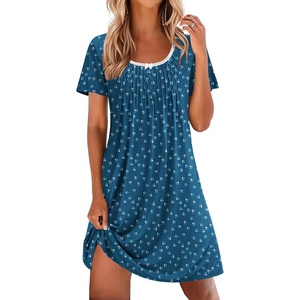 image:imageEkouaer Nightgowns for Women Pleated Sleep Shirts Short Sleeve Night Shirts Lace Trim Night Gown Ladies Sleep DressDog Footprints