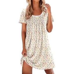 image:imageEkouaer Nightgowns for Women Pleated Sleep Shirts Short Sleeve Night Shirts Lace Trim Night Gown Ladies Sleep DressFloral Yellow