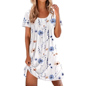 image:imageEkouaer Nightgowns for Women Pleated Sleep Shirts Short Sleeve Night Shirts Lace Trim Night Gown Ladies Sleep DressWhite Flower