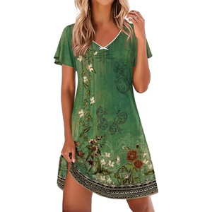 image:imageEkouaer Nightgowns for Women Short Sleeve Night Gown Comfy Sleep Shirt Soft Sleep Dress Pleated SleepwearGreen Ethnic Style
