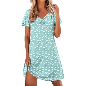 image:imageEkouaer Nightgowns for Women Short Sleeve Night Gown Comfy Sleep Shirt Soft Sleep Dress Pleated SleepwearGreen White Flowers