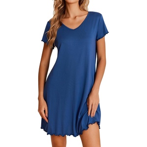 image:imageEkouaer Nightgowns for Women Short Sleeve Sleepshirt V Neck Short Nightshirt Pullover Soft Ruffled Sleepwear SXXXLBlue
