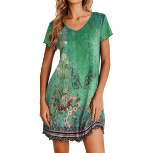 image:imageEkouaer Nightgowns for Women Short Sleeve Sleepshirt V Neck Short Nightshirt Pullover Soft Ruffled Sleepwear SXXXLGreen Flower